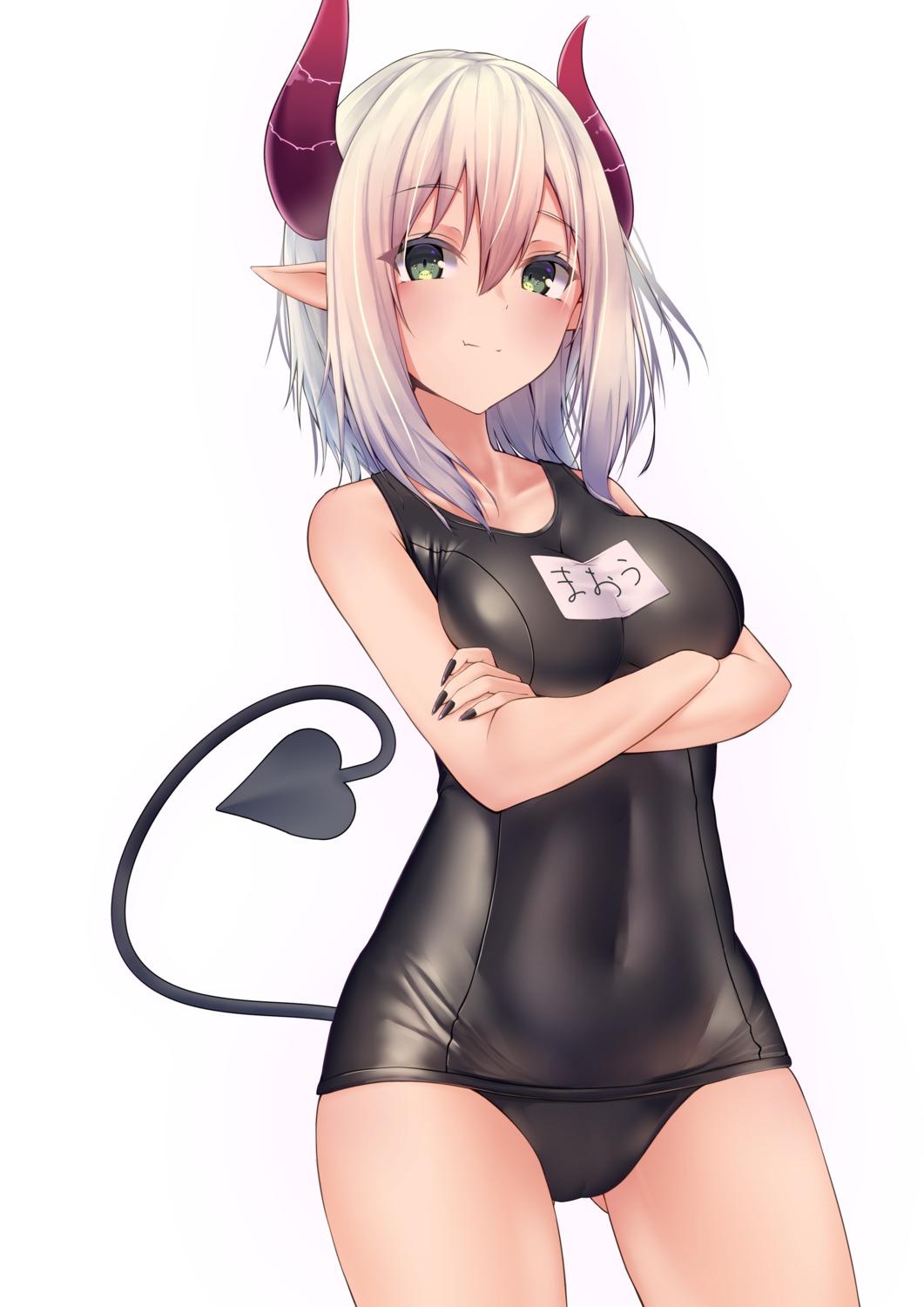 breast_hold cameltoe emma_august horns inaba_teitoku nijisanji pointy_ears school_swimsuit swimsuits tail