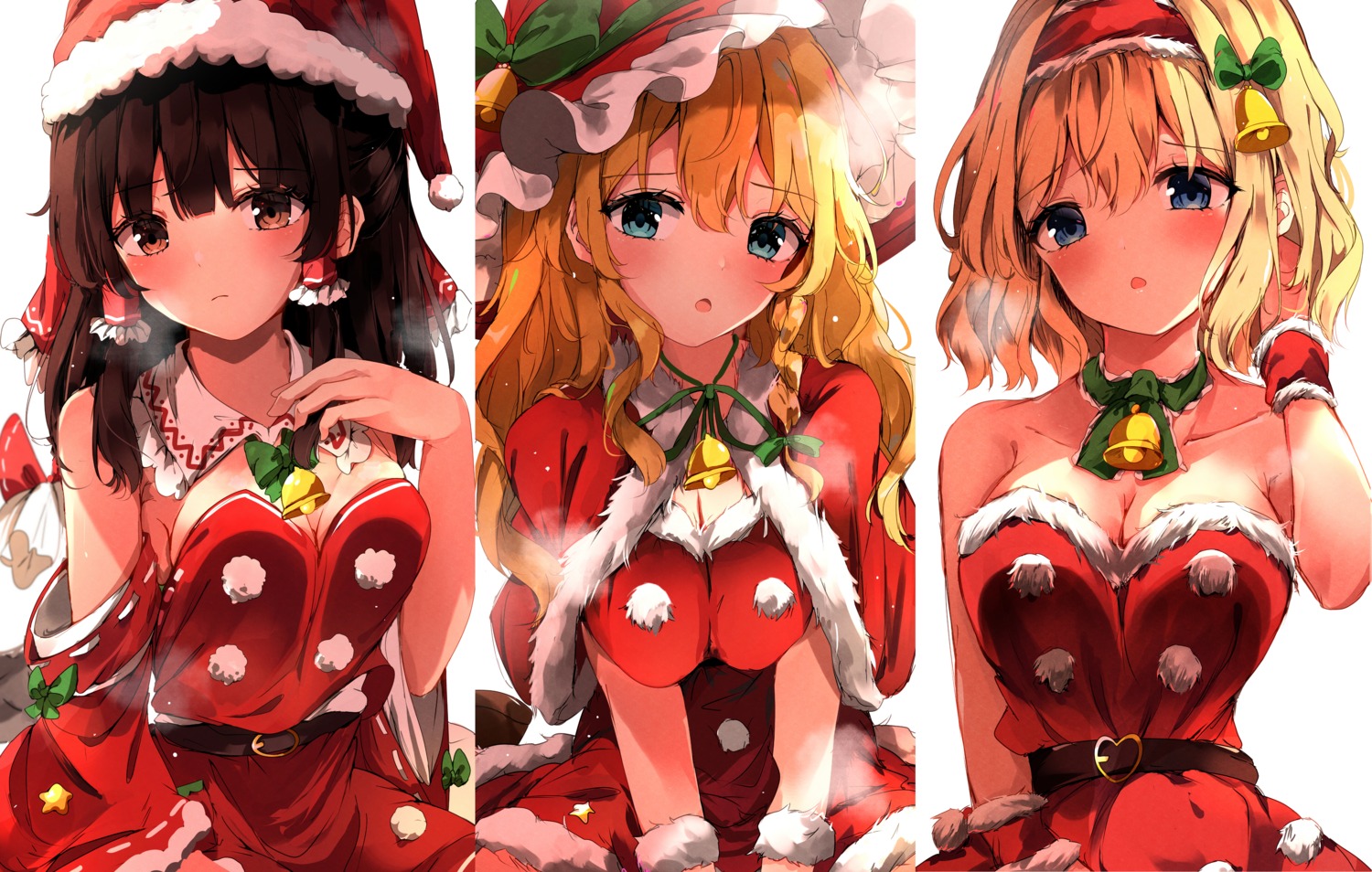 alice_margatroid christmas cleavage dress hakurei_reimu kirisame_marisa no_bra shangurira touhou