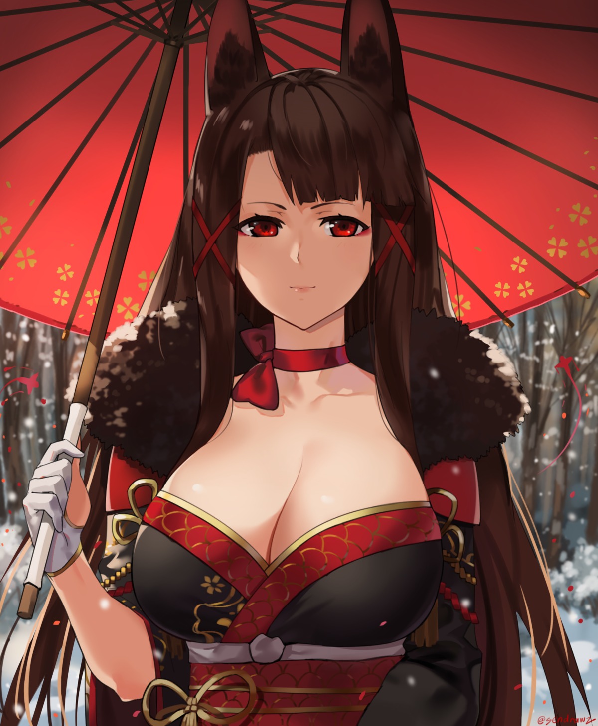 akagi_(azur_lane) animal_ears azur_lane cleavage japanese_clothes sendrawz umbrella