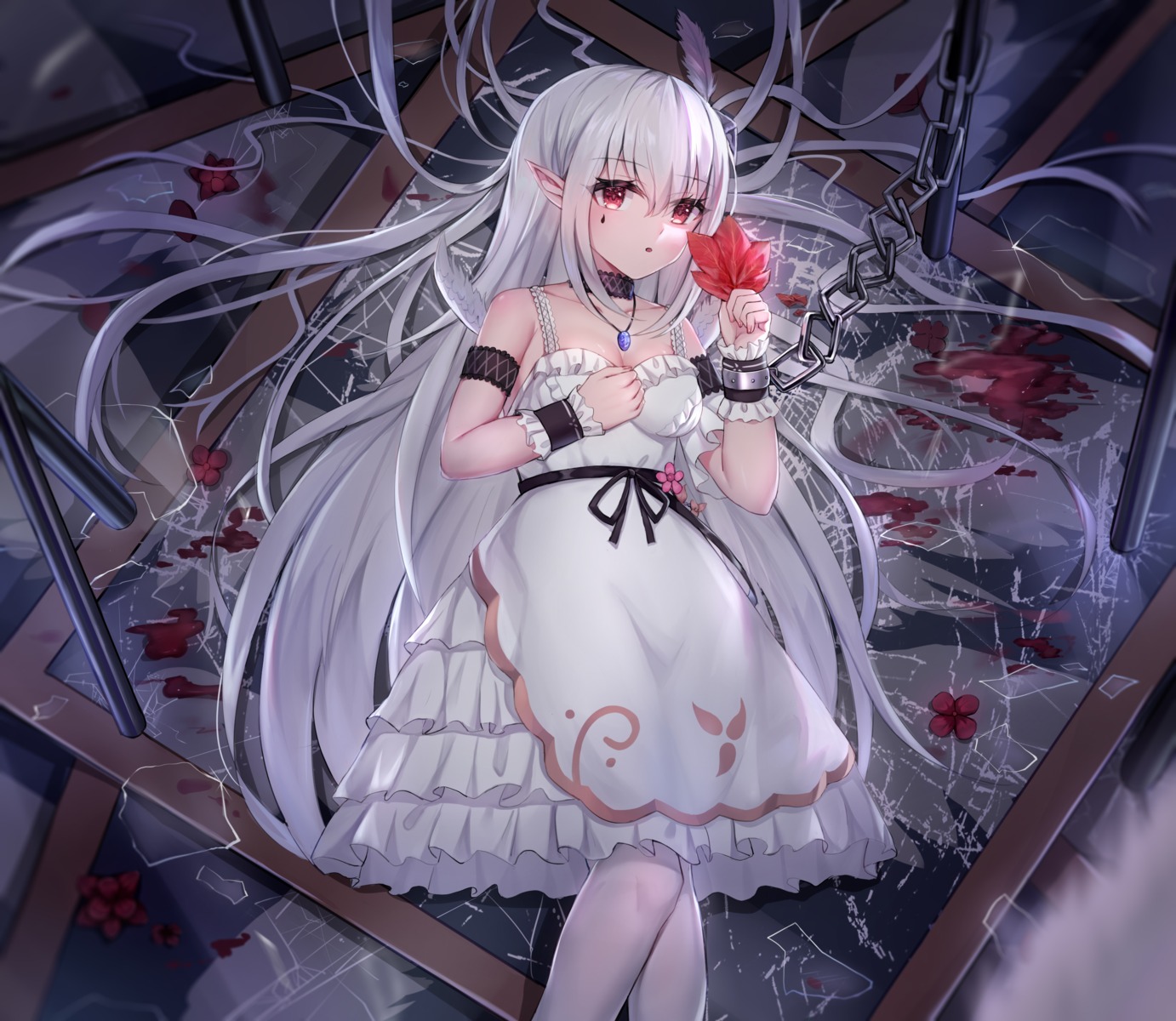 blood bondage breast_hold cleavage dress linz no_bra pointy_ears tattoo thighhighs wings