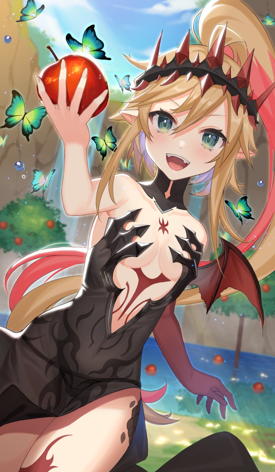 amahara_subaru dress no_bra pantsu pointy_ears see_through skirt_lift tattoo wings