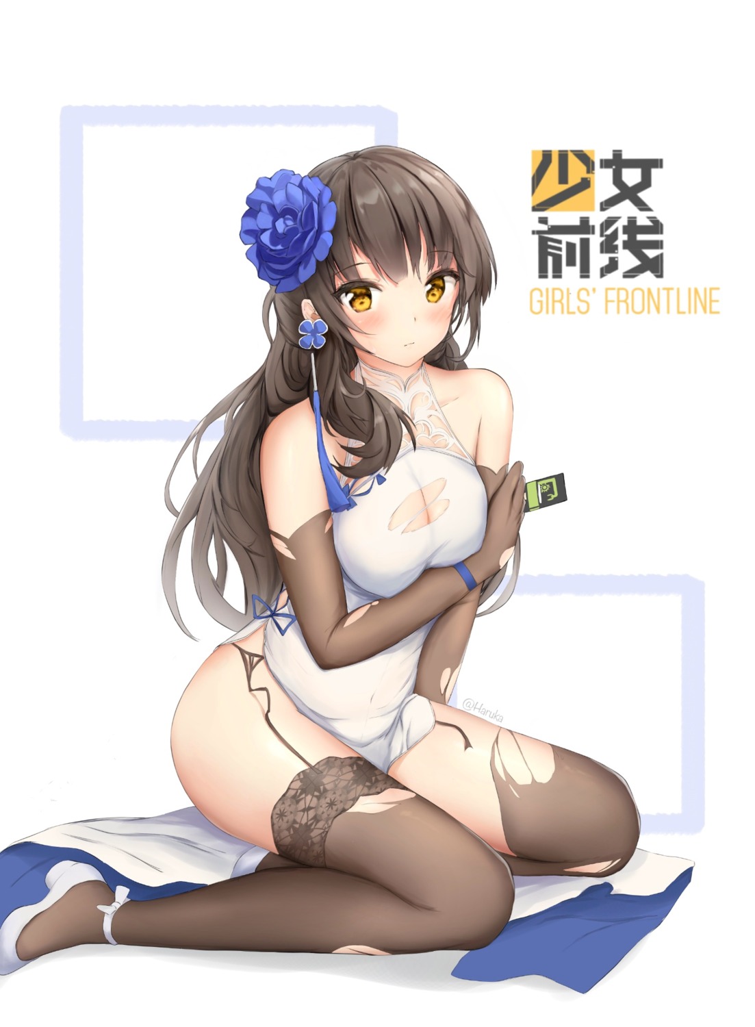 breast_hold chinadress cleavage girls_frontline haruka_poi heels qbz-95_(girls_frontline) stockings thighhighs torn_clothes