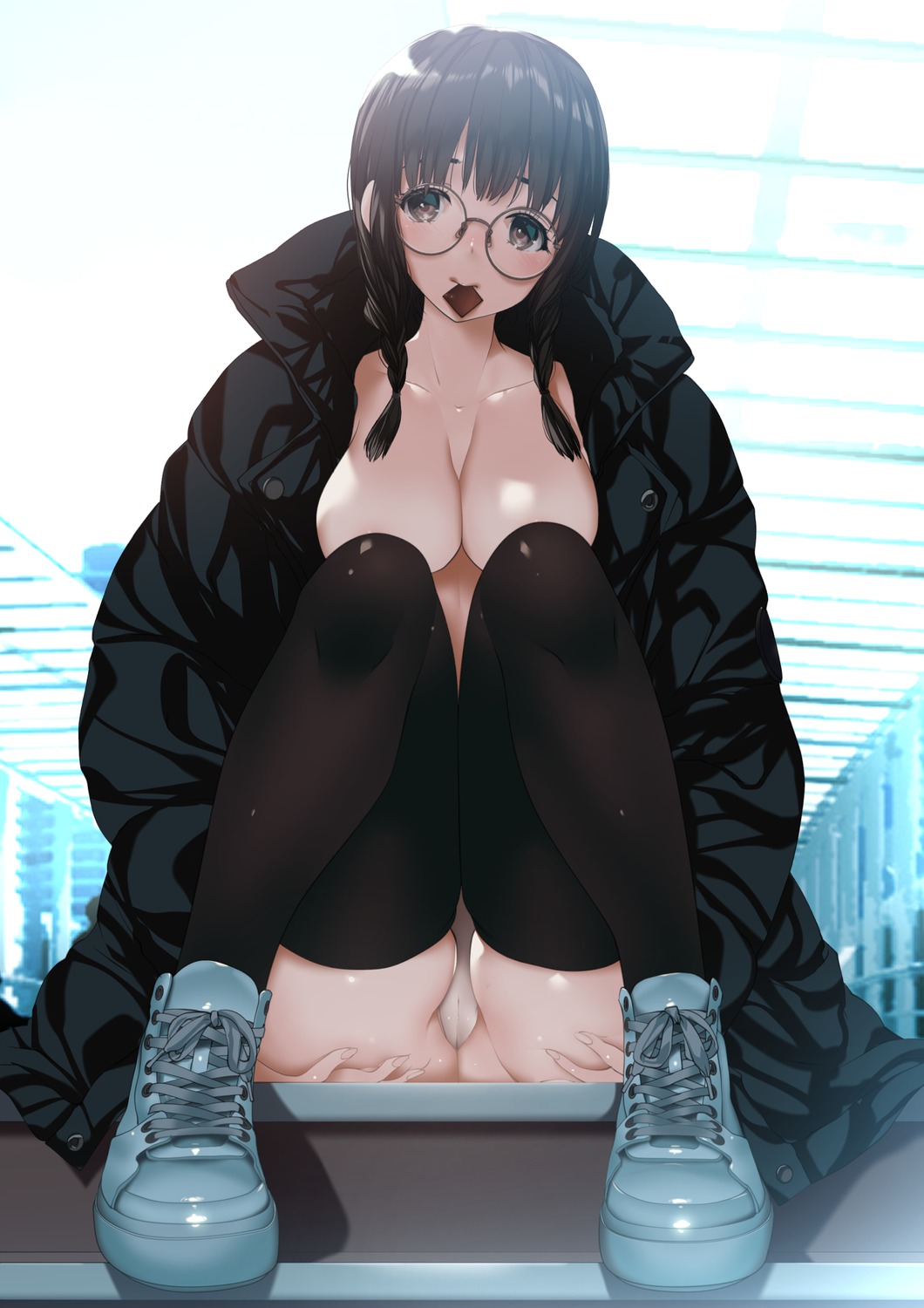 breasts cameltoe megane no_bra open_shirt pantsu tamiya_akito thighhighs thong