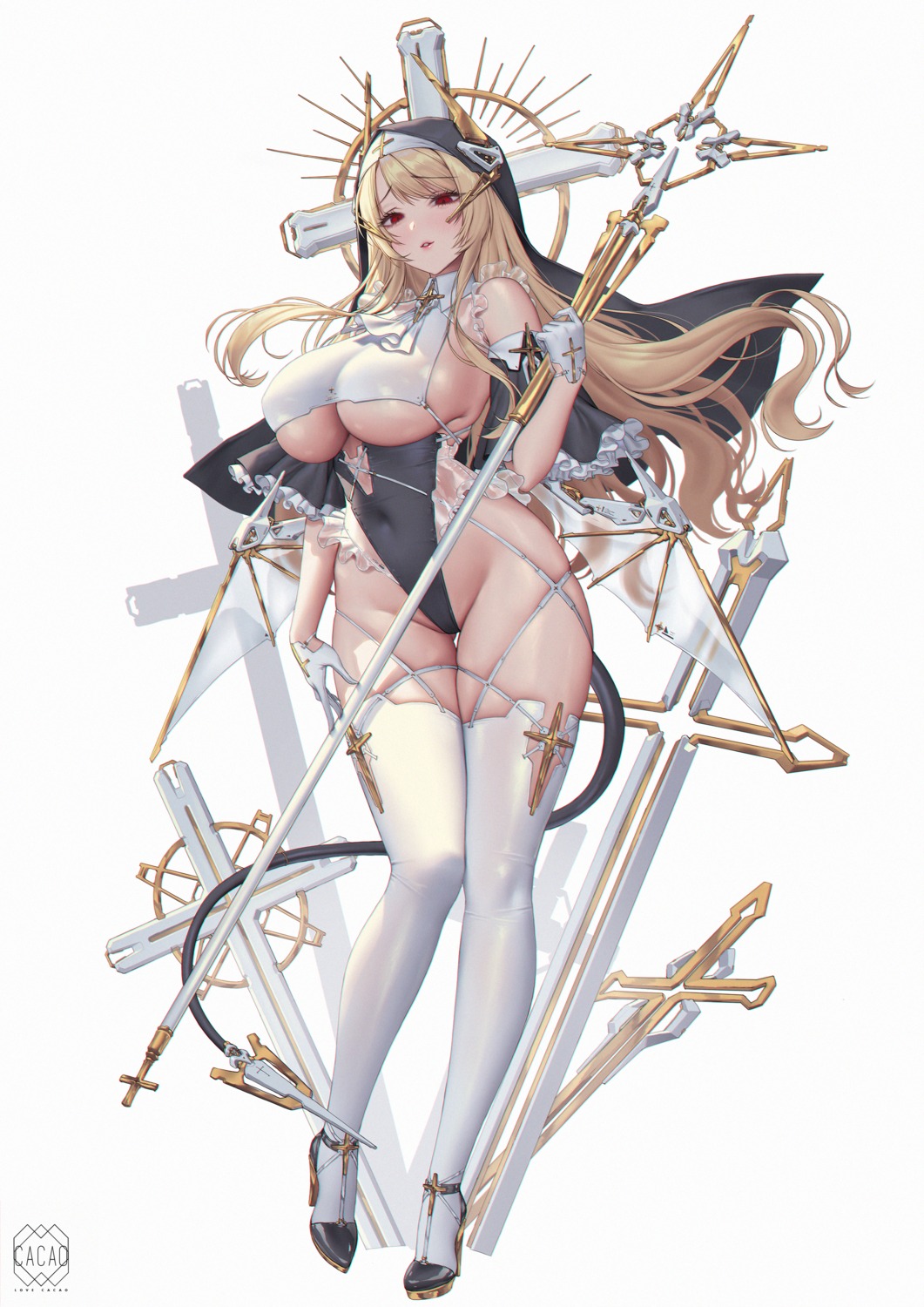 heels horns leotard love_cacao no_bra nun see_through stockings tail thighhighs weapon wings