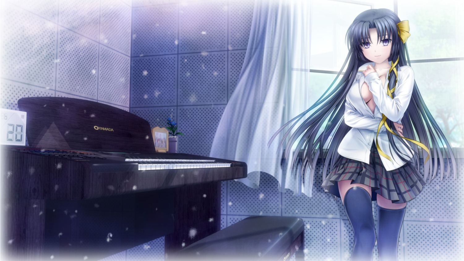 kurugaya_yuiko little_busters! moonknives no_bra seifuku thighhighs wallpaper