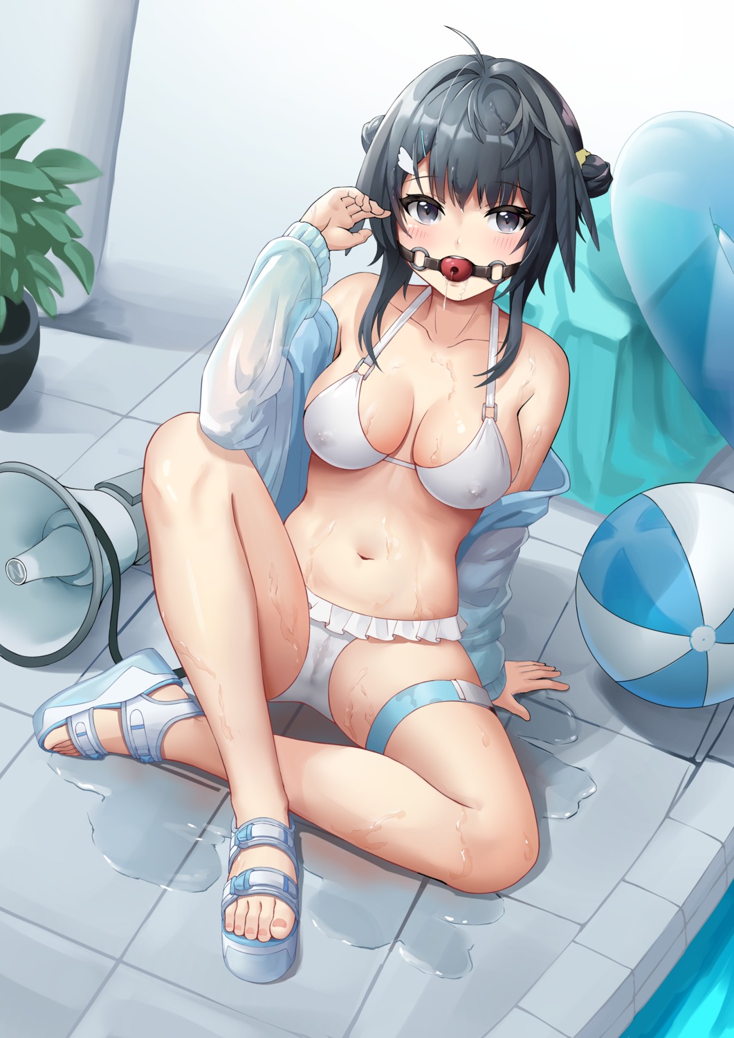 arknights bikini cameltoe erect_nipples garter la_pluma_(arknights) open_shirt swimsuits t_zhonglang wet