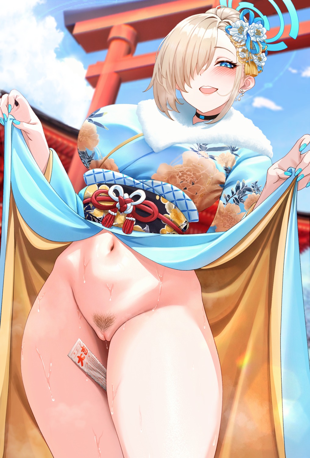 blue_archive halo ichinose_asuna kimono nopan pubic_hair pussy pussy_juice skirt_lift st_r uncensored wet