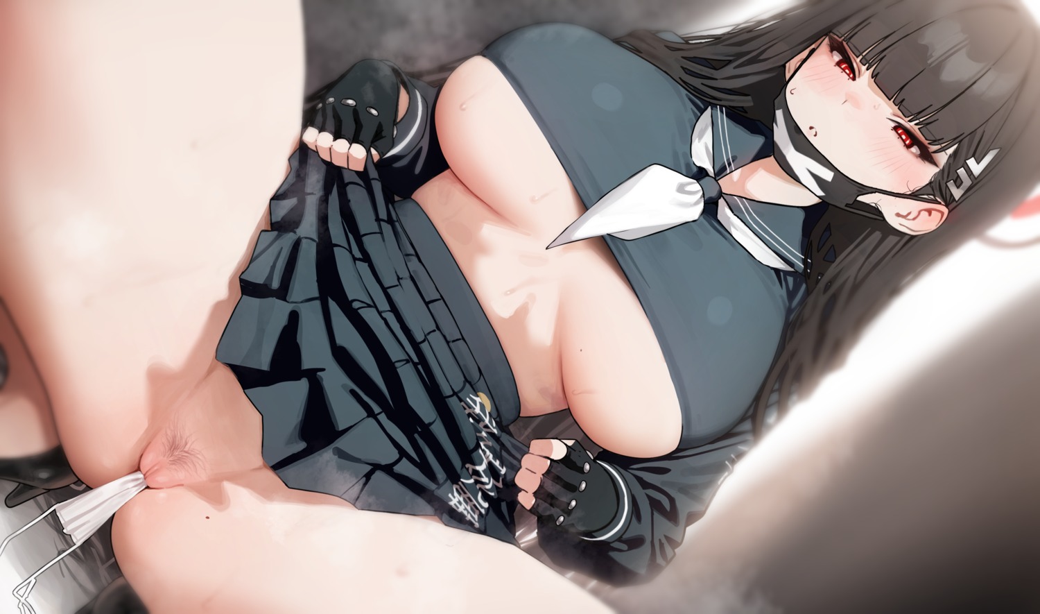 blue_archive cosplay halo heels mochirong no_bra pantsu panty_pull pubic_hair pussy seifuku skirt_lift string_panties sukeban_(smg) tsukatsuki_rio uncensored underboob