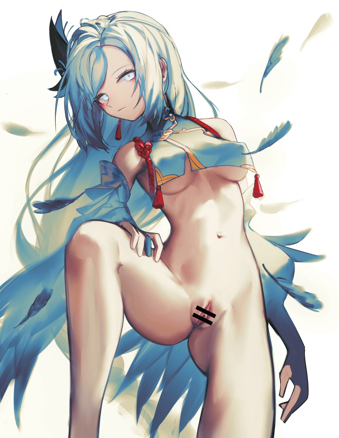 asian_clothes bottomless censored erect_nipples genshin_impact iumu no_bra pussy see_through shenhe wings