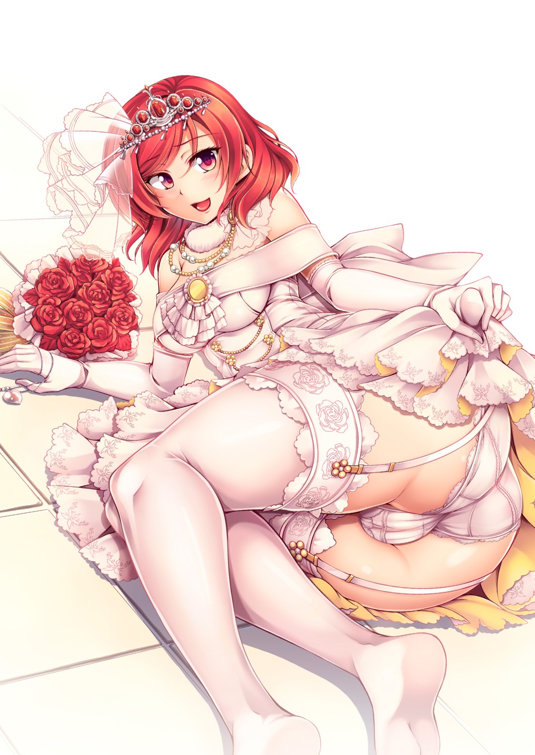 ass cameltoe dress love_live! nishikino_maki no_bra pantsu see_through skirt_lift stockings thighhighs wedding_dress windart windarteam