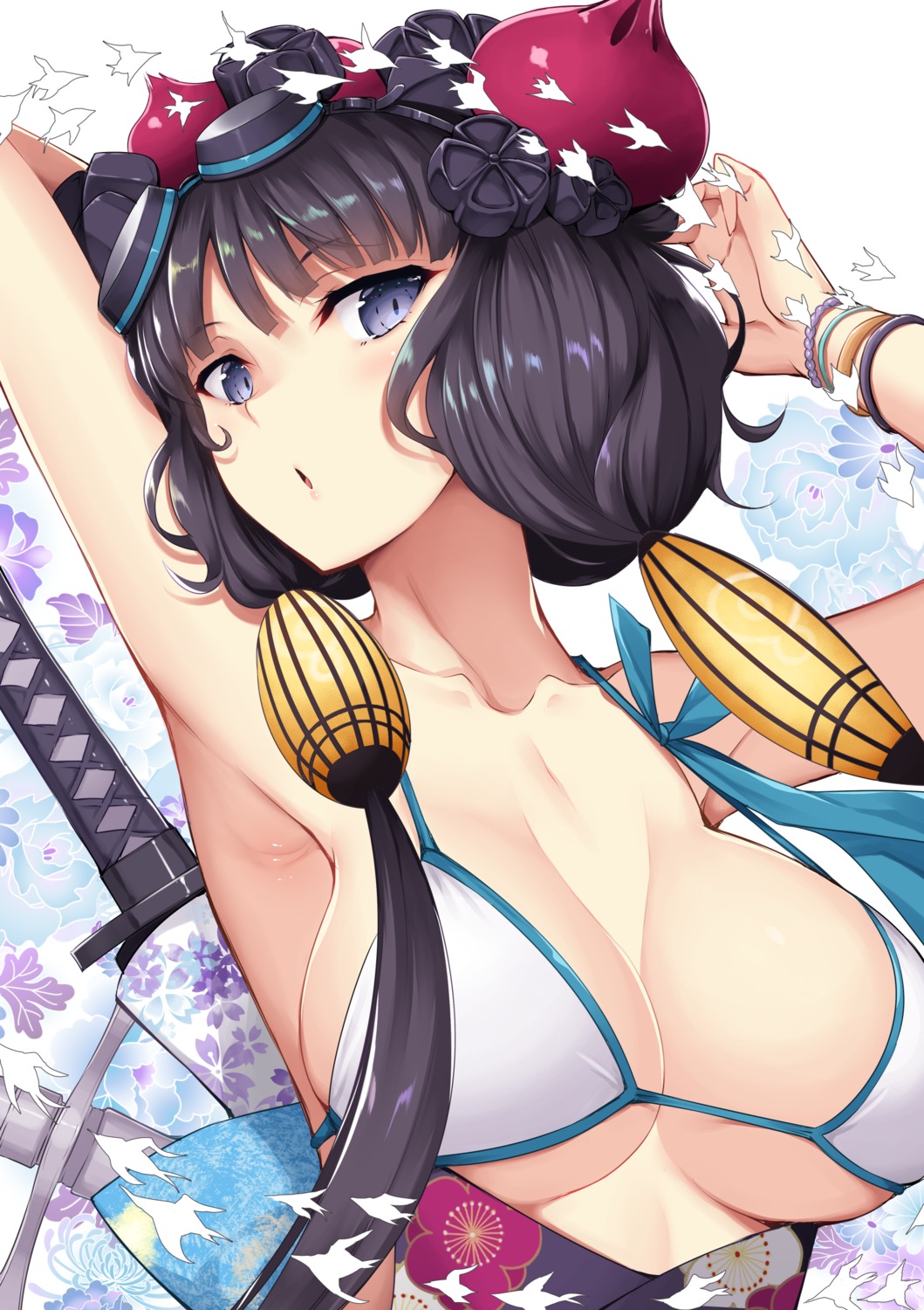 bikini_top fate/grand_order japanese_clothes katsushika_hokusai_(fate) nakano_sora swimsuits sword
