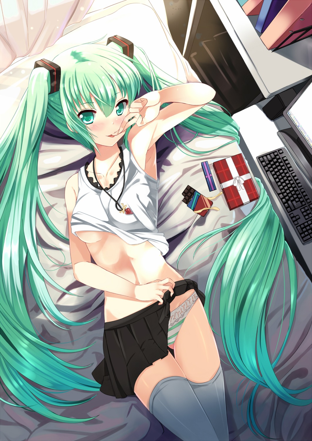 hatsune_miku no_bra pantsu shimapan skirt_lift thighhighs underboob vocaloid xephonia