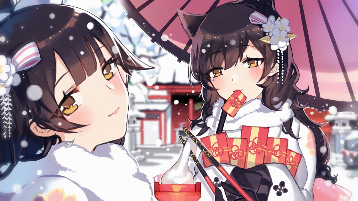 animal_ears atago_(azur_lane) azur_lane ji_yue kimono takao_(azur_lane) umbrella