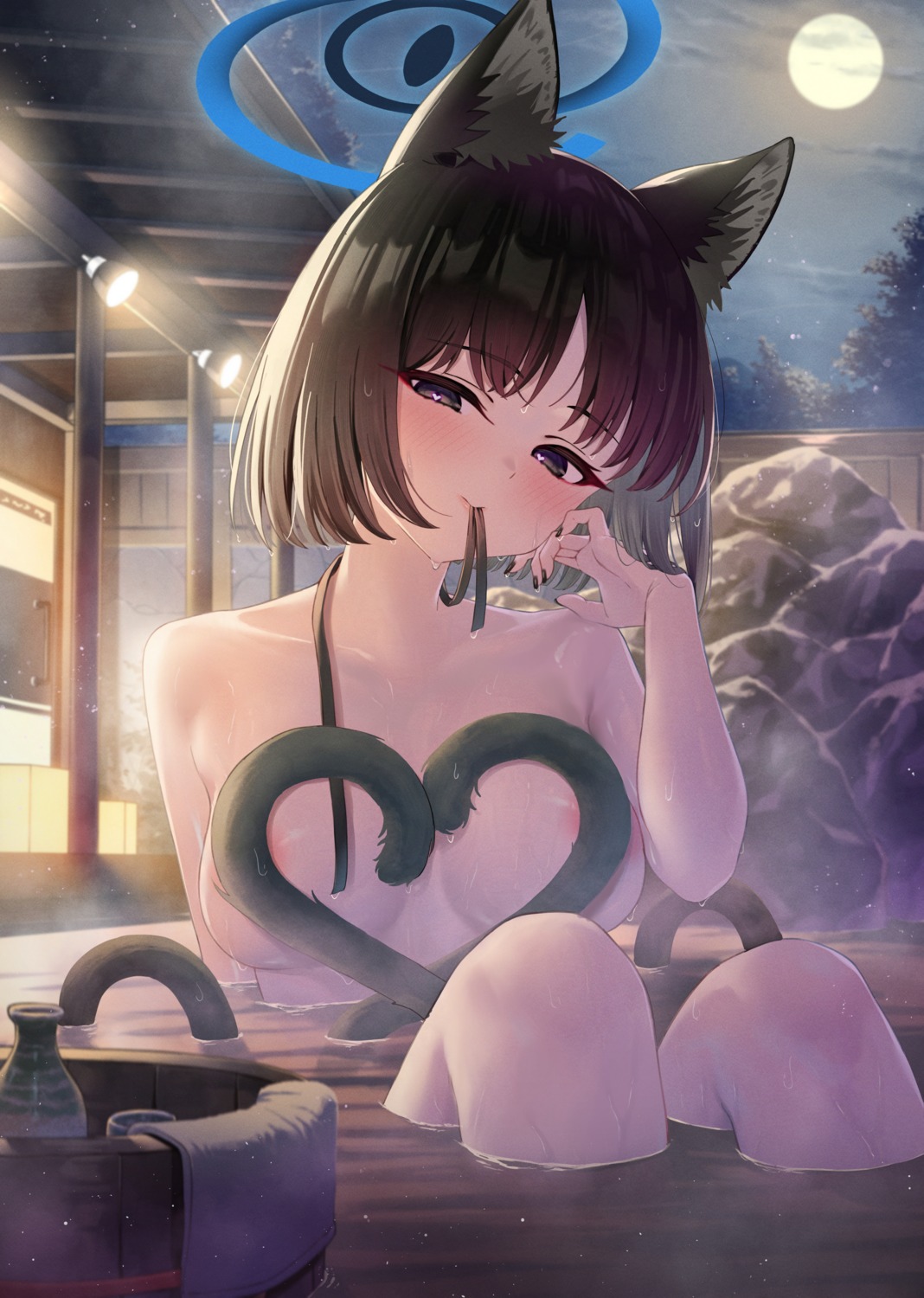 animal_ears areola bathing blue_archive halo kiryuu_kikyou naked nekomimi onsen pizza_(artist) sake tail wet