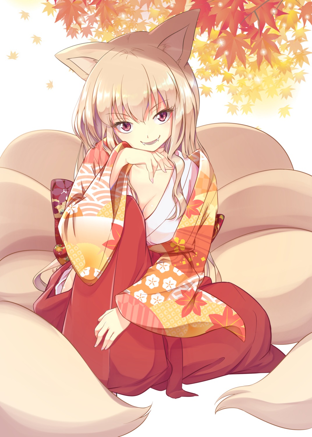 animal_ears cleavage japanese_clothes kitsune open_shirt tail
