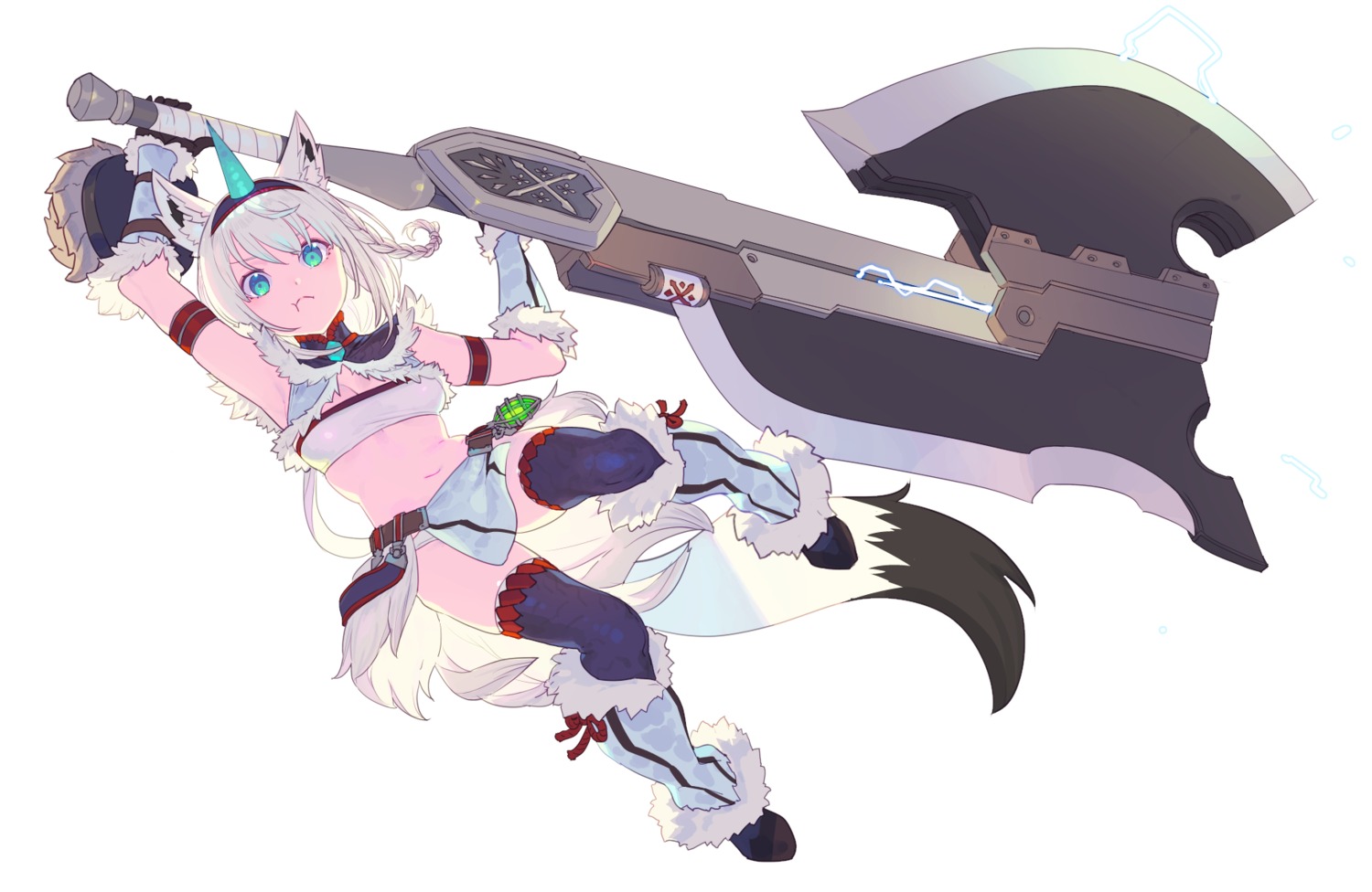 animal_ears cleavage cosplay enkyo_yuuichirou hololive hololive_gamers horns kirin_(armor) kitsune monster_hunter pantsu shirakami_fubuki tail thighhighs weapon