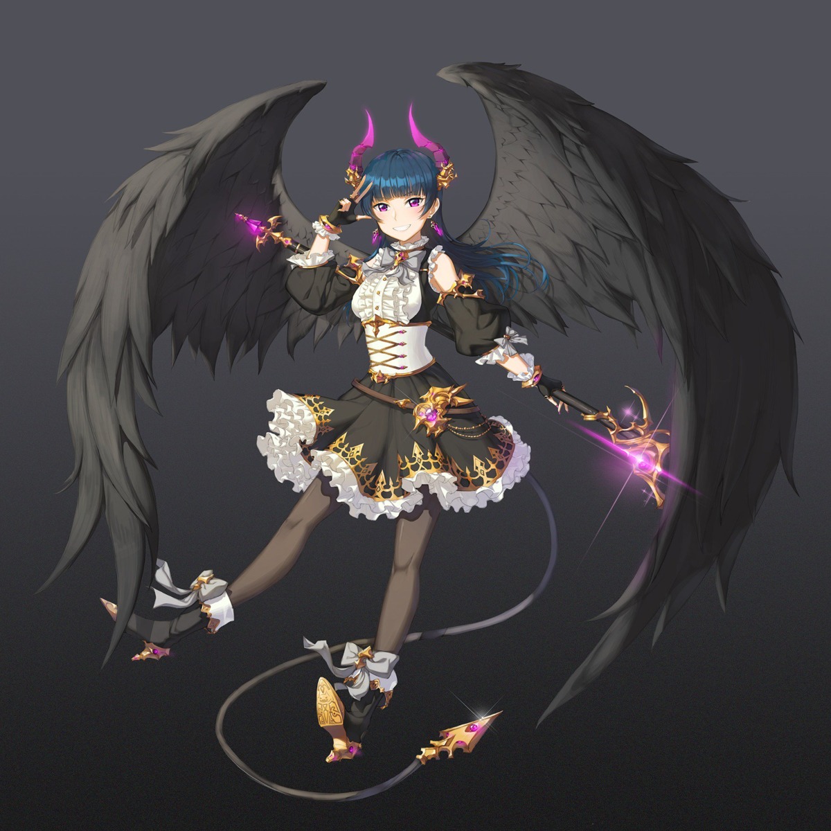 corset_(artist) heels horns love_live!_sunshine!! pantyhose tail tsushima_yoshiko weapon wings