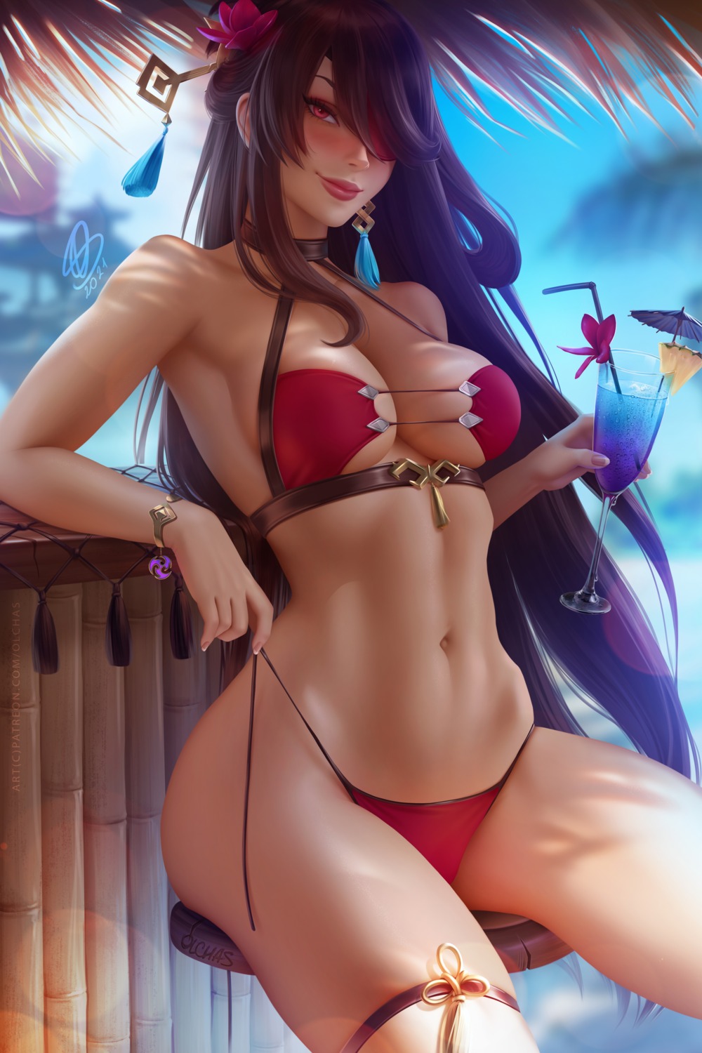 beidou bikini eyepatch garter genshin_impact olchas swimsuits undressing