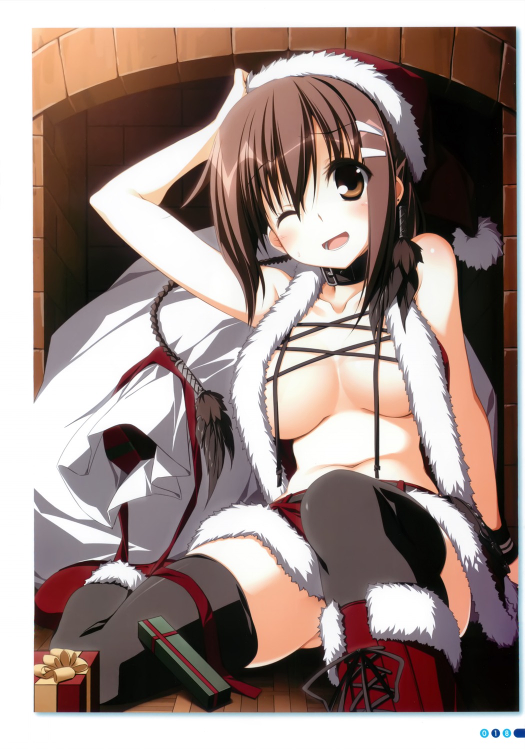 christmas cleavage kagome minakami_yuki no_bra open_shirt subarashiki_hibi thighhighs