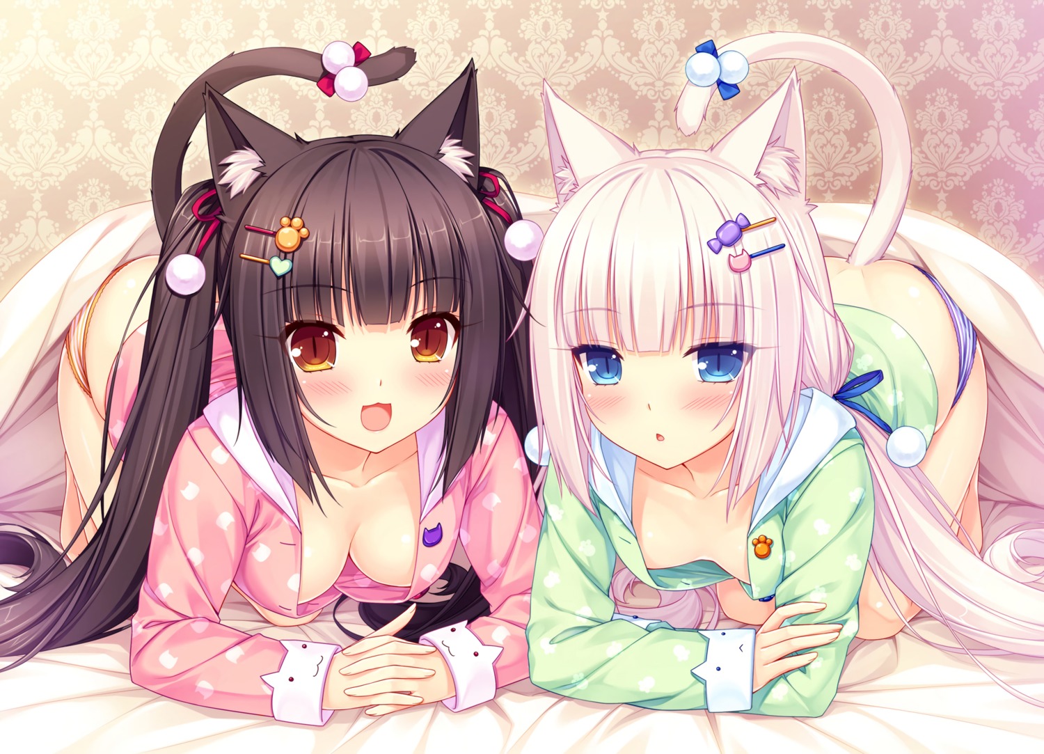 animal_ears chocola cleavage neko_works nekomimi nekopara no_bra open_shirt pajama pantsu sayori shimapan tail vanilla