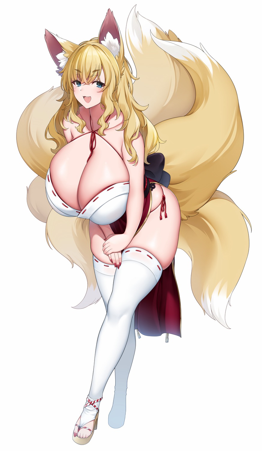 animal_ears bra kitsune miko pantsu string_panties suruga_(xsurugax) tail thighhighs