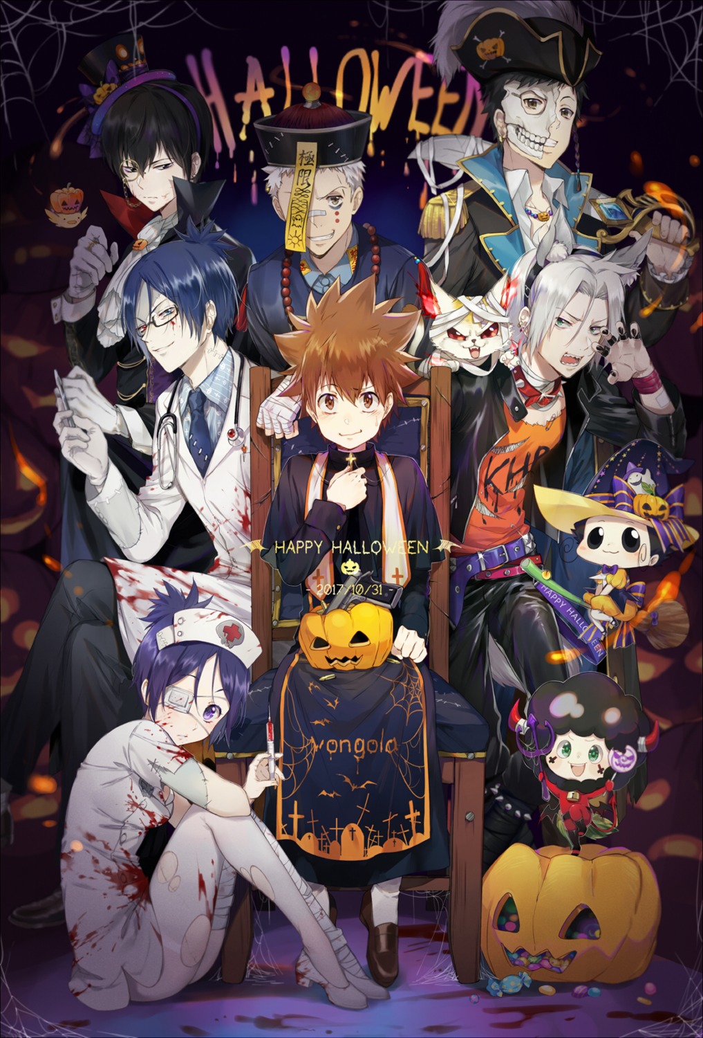 animal_ears bandages blood chibi chrome_dokuro ekita_xuan eyepatch gokudera_hayato gun halloween heels heterochromia hibari_kyoya horns katekyo_hitman_reborn! lambo megane nurse pantyhose reborn rokudou_mukuro sasagawa_ryohei sawada_tsunayoshi sword tail uri wings yamamoto_takeshi