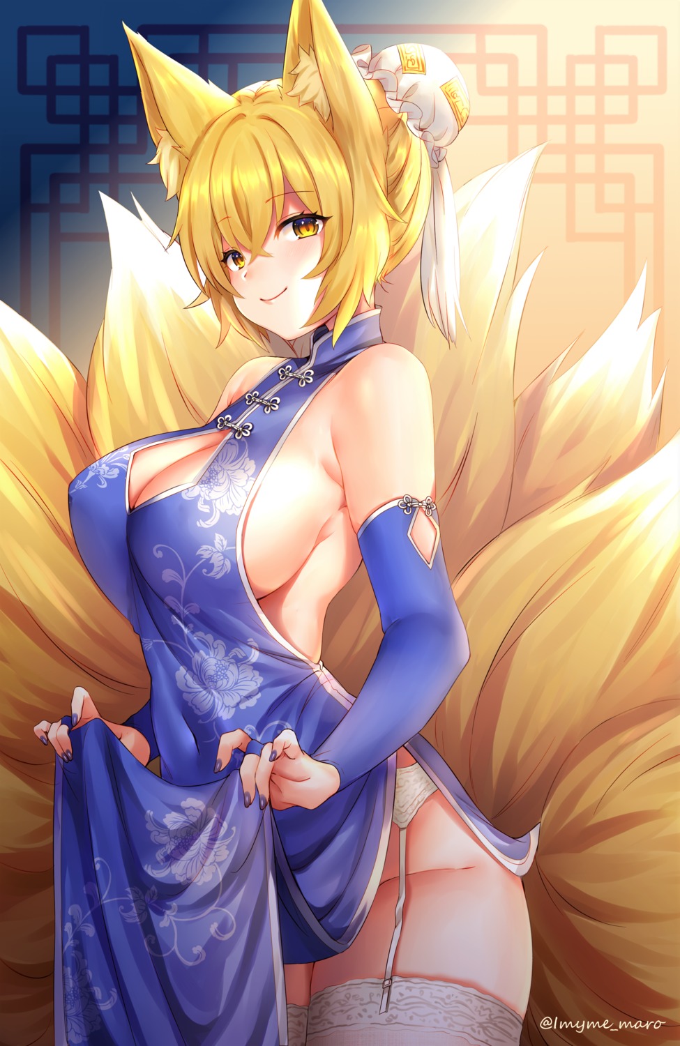 animal_ears chinadress garter_belt kitsune marota no_bra nopan skirt_lift stockings tail thighhighs touhou yakumo_ran