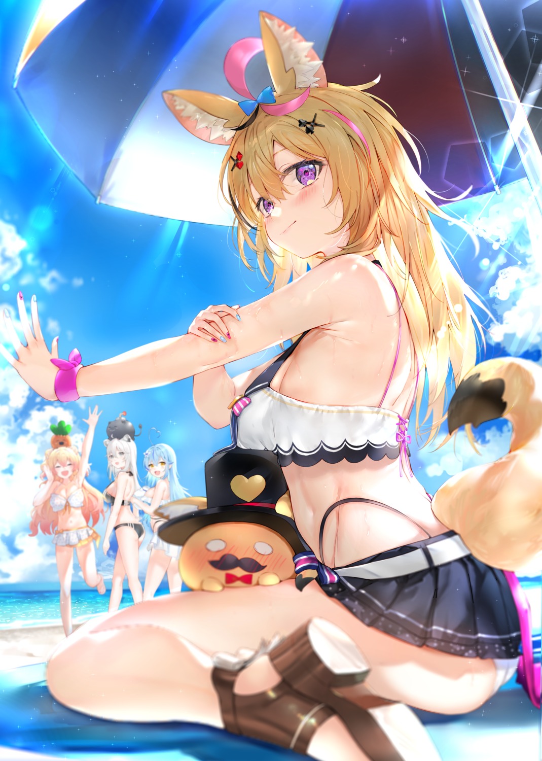 animal_ears ass bikini elf hololive kou_mashiro momosuzu_nene omaru_polka pointy_ears shishiro_botan skirt_lift swimsuits tail wet yukihana_lamy