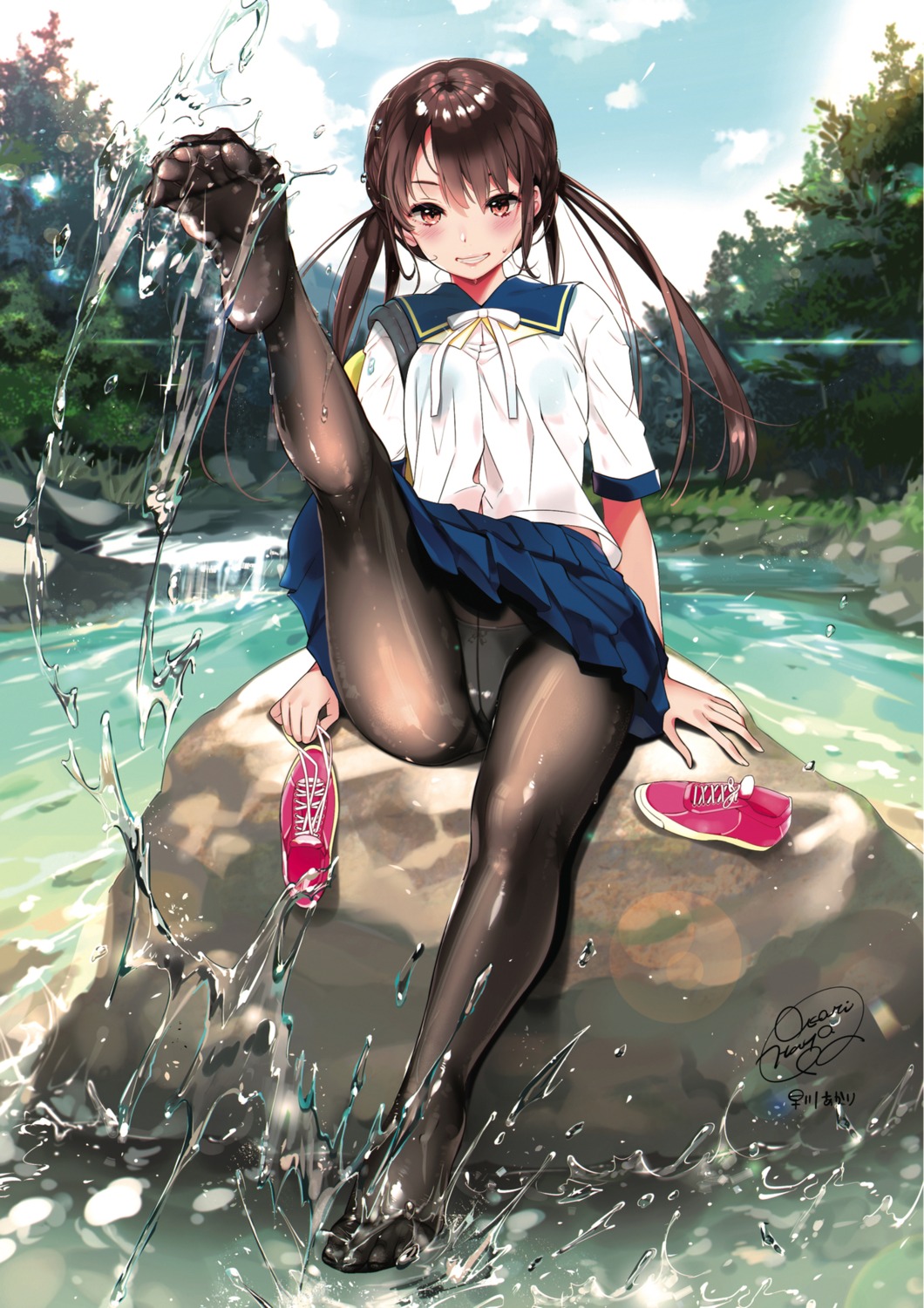 bra feet hayakawa_akari pantsu pantyhose see_through seifuku skirt_lift wet wet_clothes