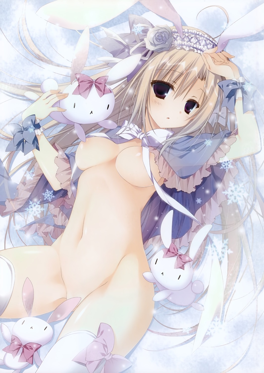 animal_ears areola bottomless bunny_ears inugami_kira naked_cape no_bra thighhighs underboob