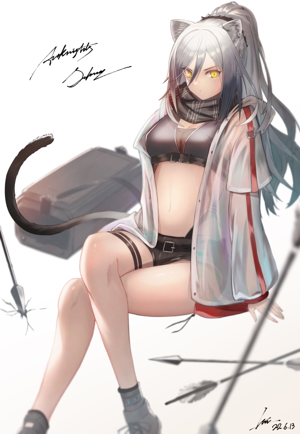 animal_ears arknights cleavage garter open_shirt schwarz_(arknights) see_through soyogi_iori tail weapon