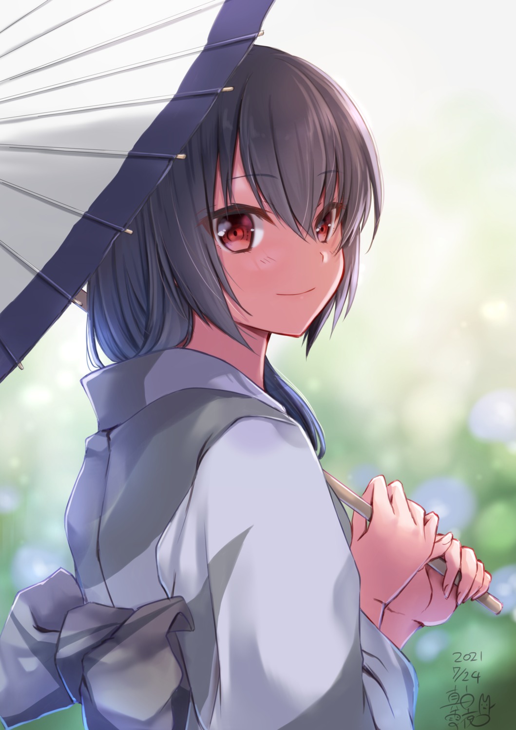 kantai_collection mashiro_yukiya nagato_(kancolle) umbrella yukata