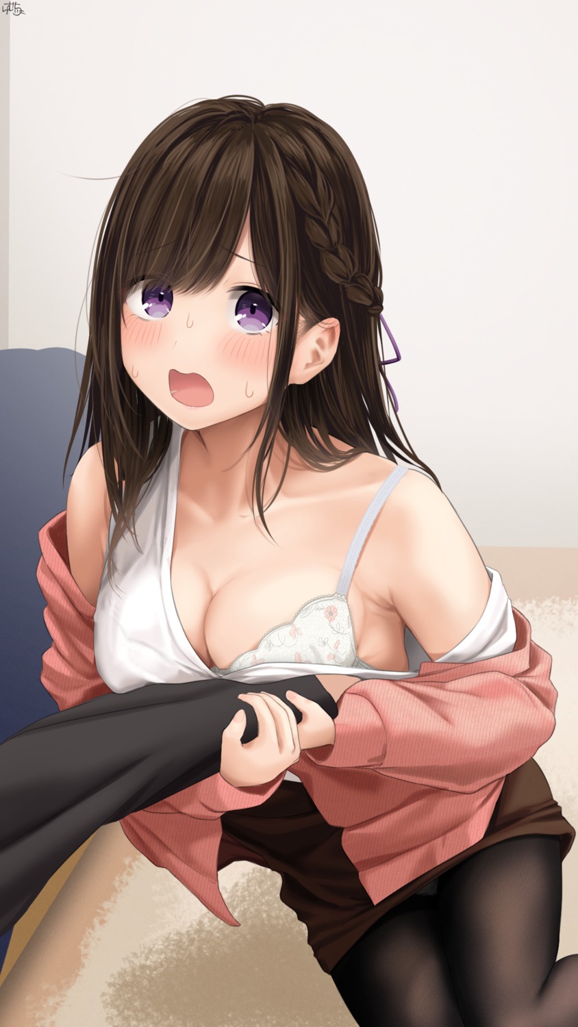 bra chapatsu-chan_(ramchi) cleavage open_shirt pantsu pantyhose ramchi sweater