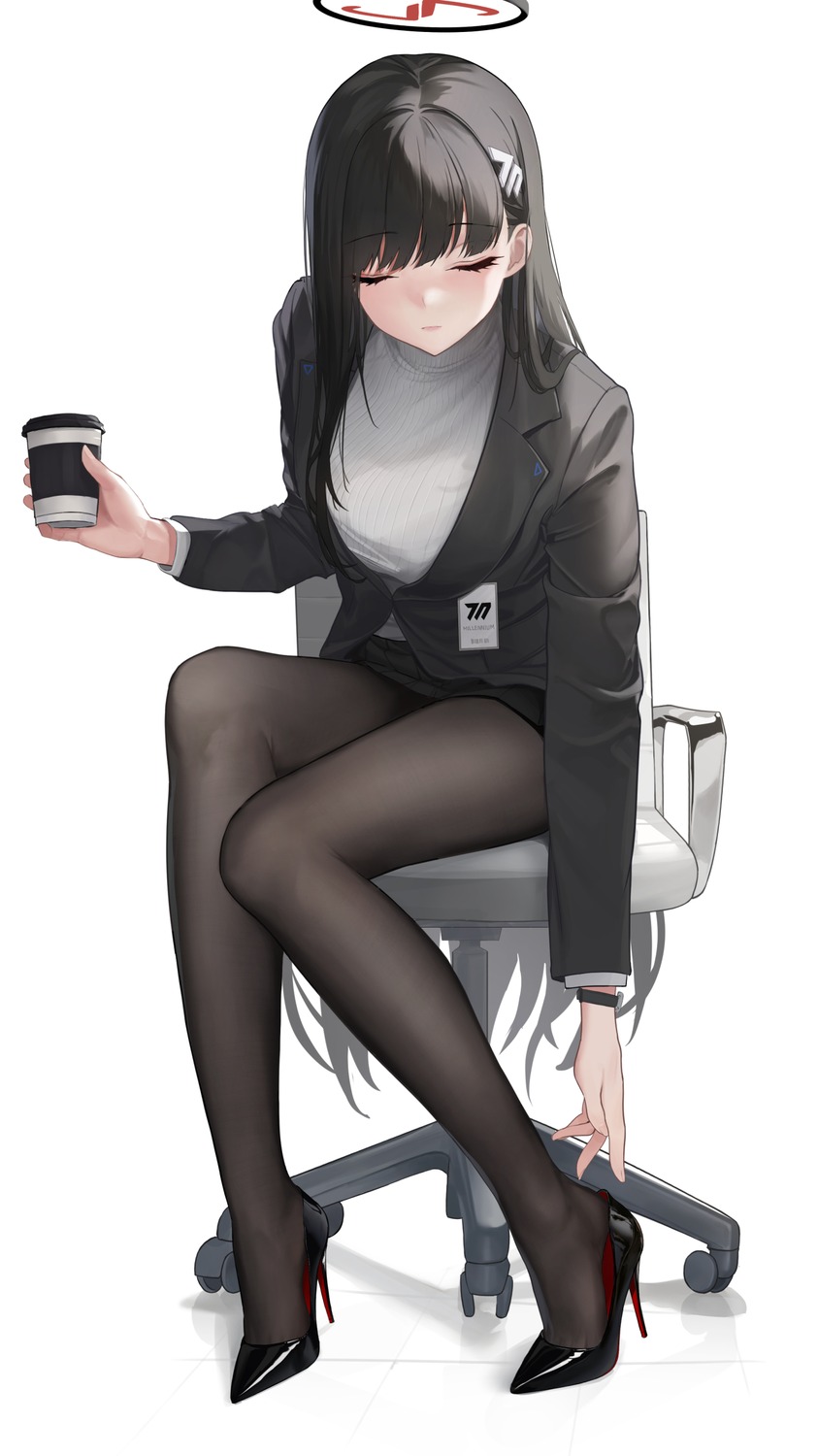 blue_archive business_suit ebi_(ebimon0) halo heels pantyhose sweater tsukatsuki_rio