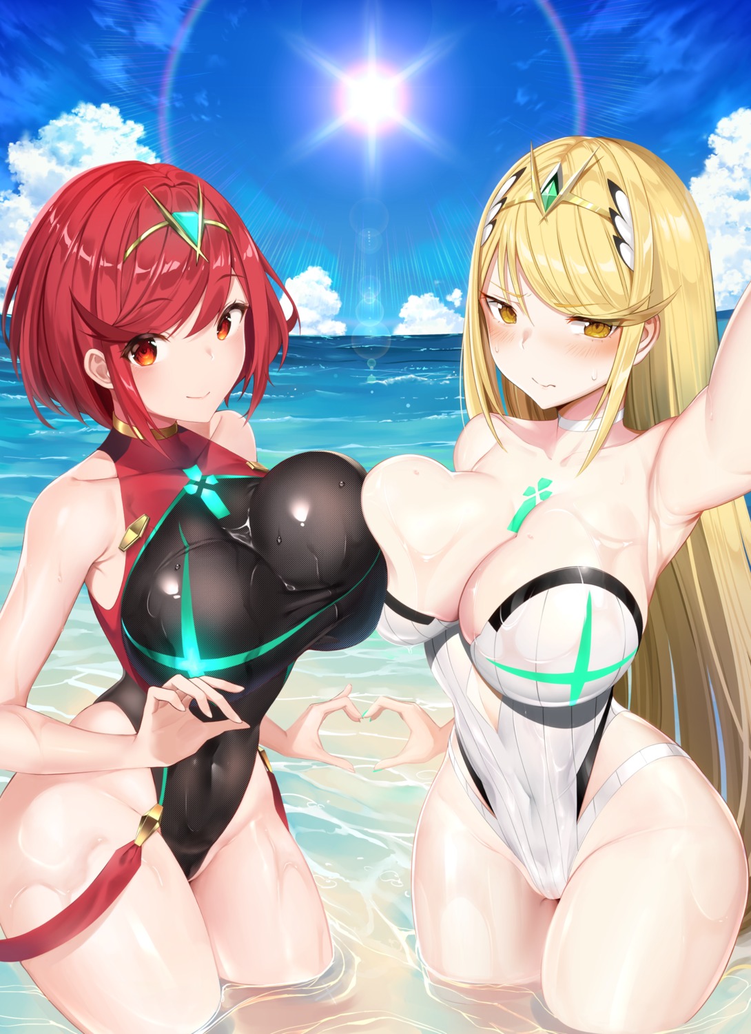 alcoholrang ass bikini breasts cleavage hikari_(xenoblade_2) homura_(xenoblade_2) swimsuits wet xenoblade xenoblade_chronicles_2