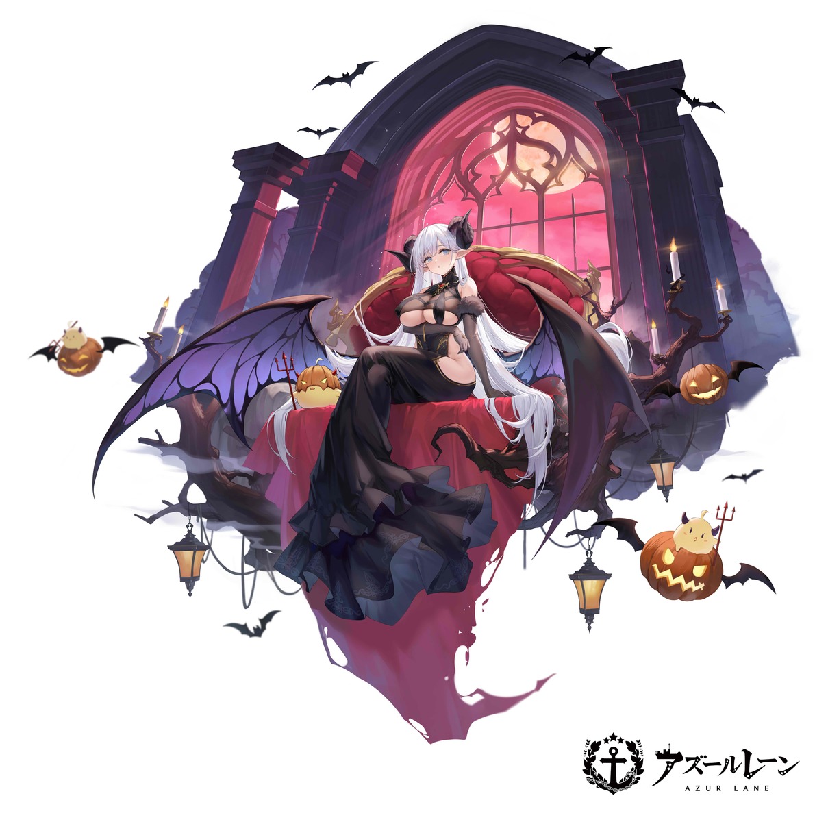 albion_(azur_lane) azur_lane devil halloween horns jpeg_artifacts manjuu_(azur_lane) ng_jie no_bra pointy_ears wings