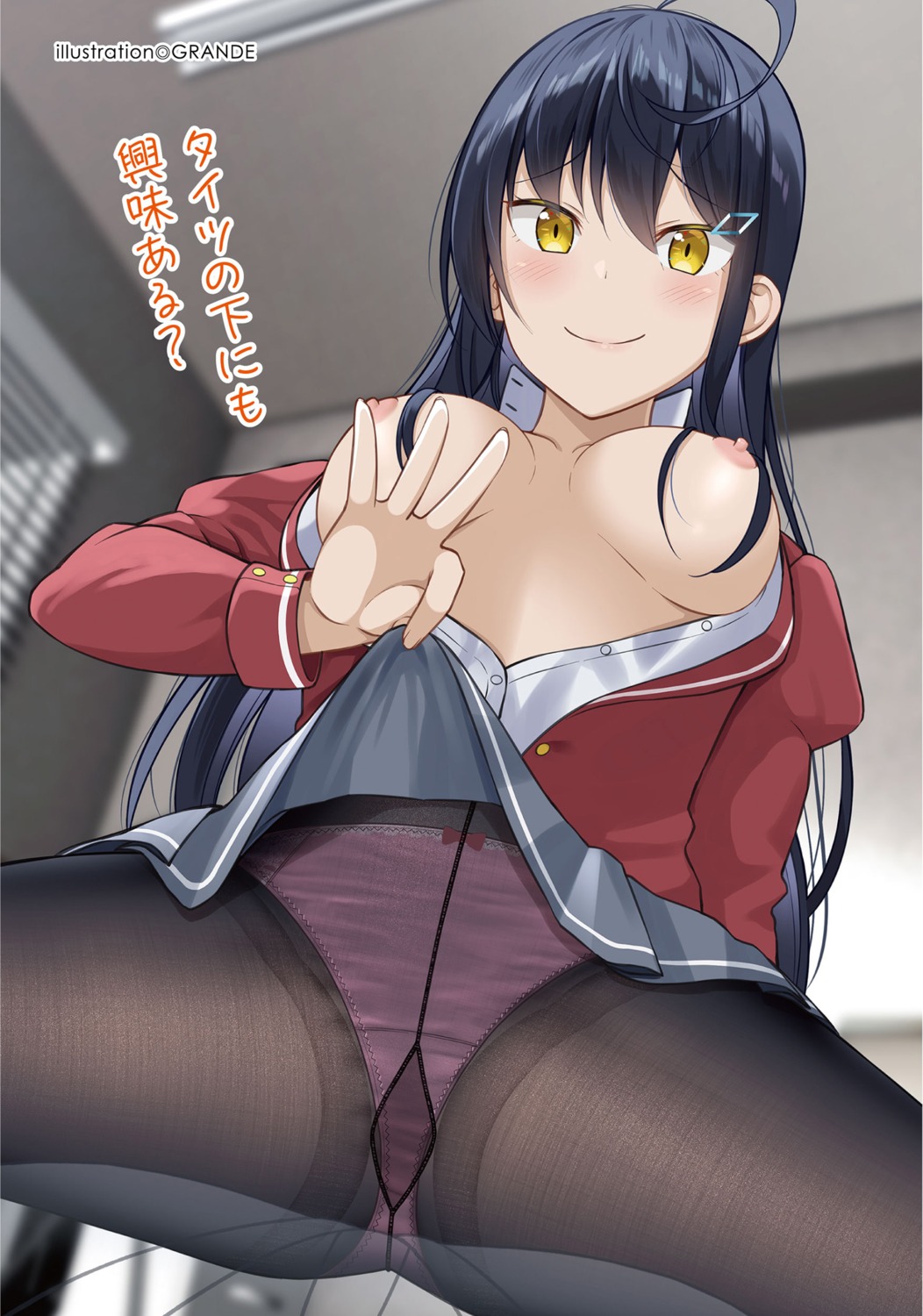 gurande nipples no_bra pantsu pantyhose seifuku skirt_lift