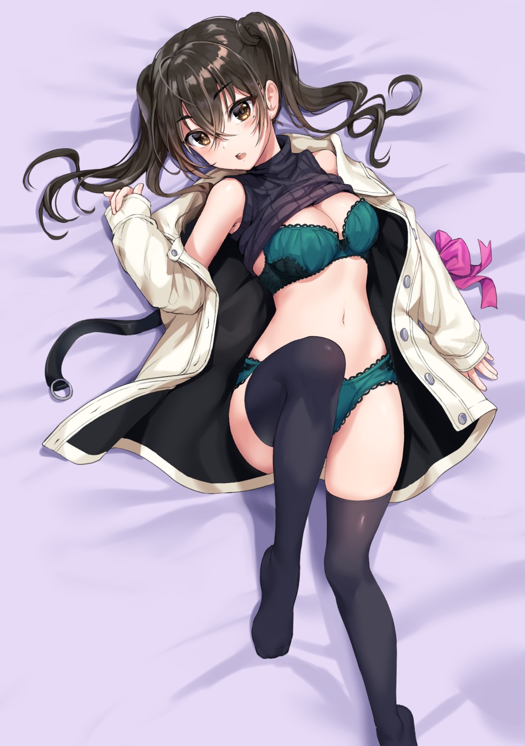 akamoku bra cleavage pantsu shirt_lift sunazuka_akira the_idolm@ster the_idolm@ster_cinderella_girls thighhighs