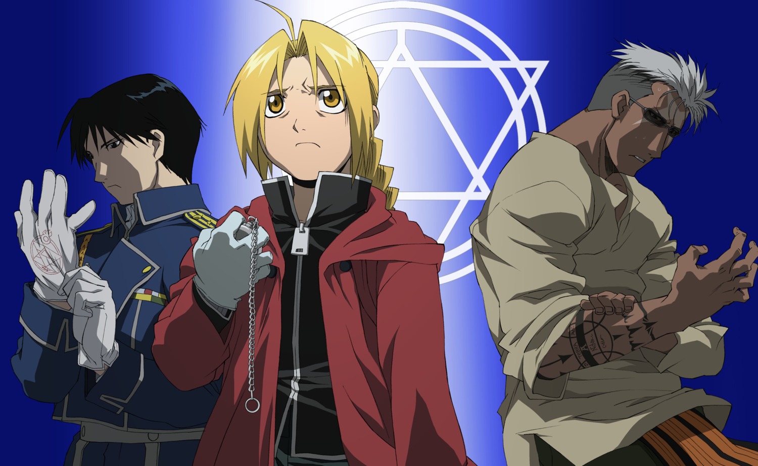 edward_elric fullmetal_alchemist male oguri_hiroko roy_mustang scar