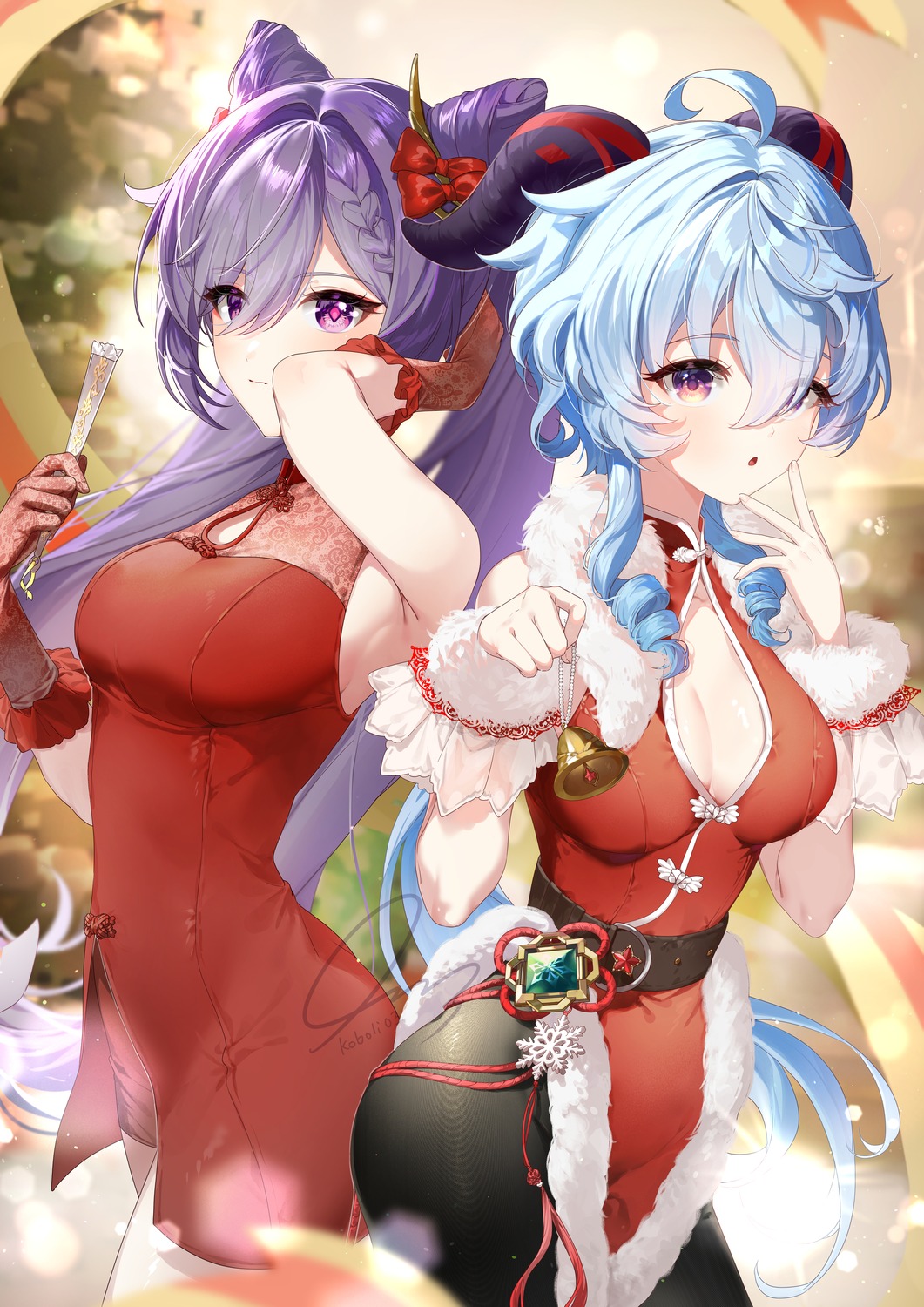 asian_clothes christmas cleavage ganyu genshin_impact horns keqing kkopoli no_bra open_shirt pantyhose see_through