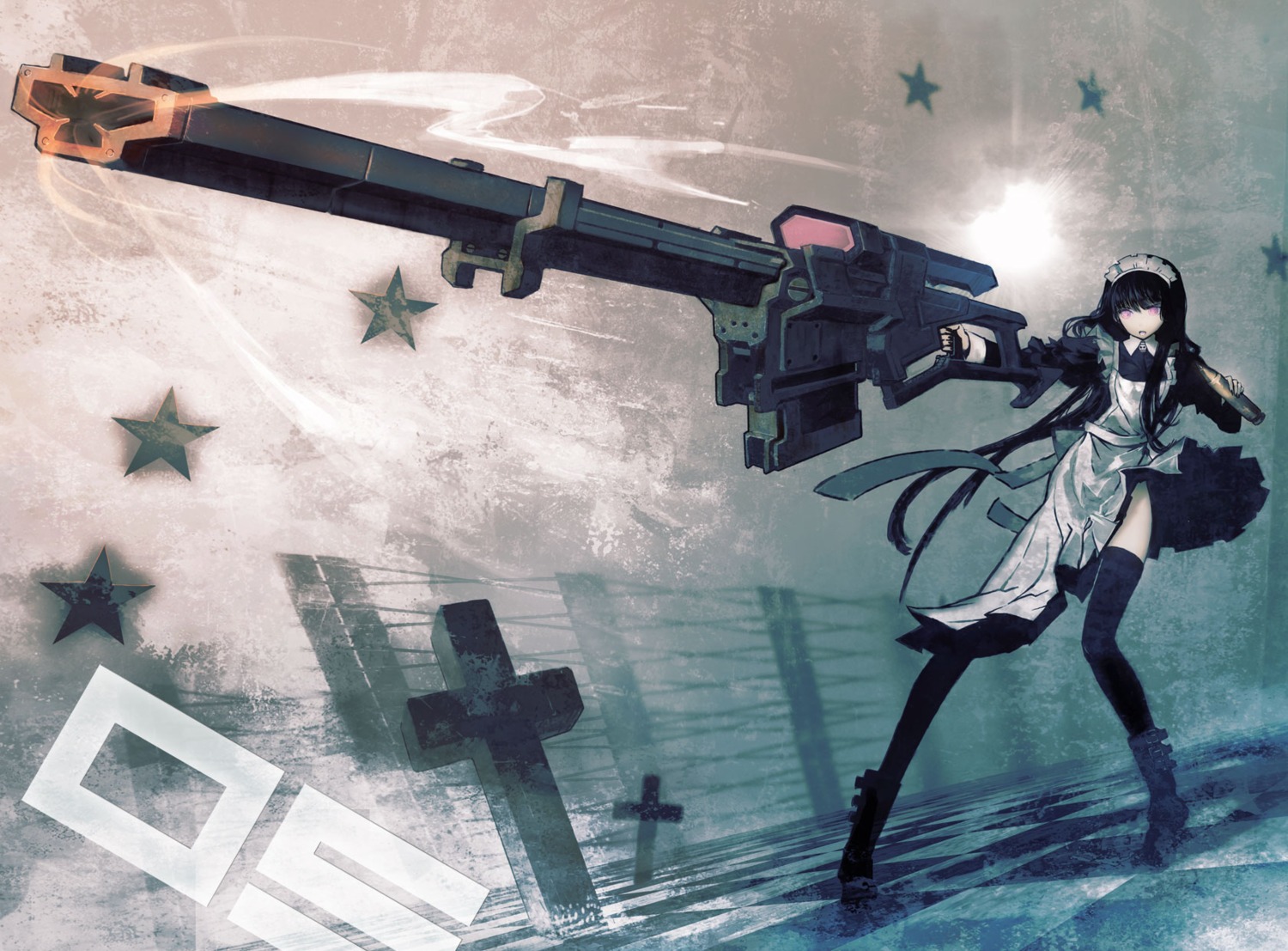 black_rock_shooter gun huke maid maid_gunner thighhighs vocaloid