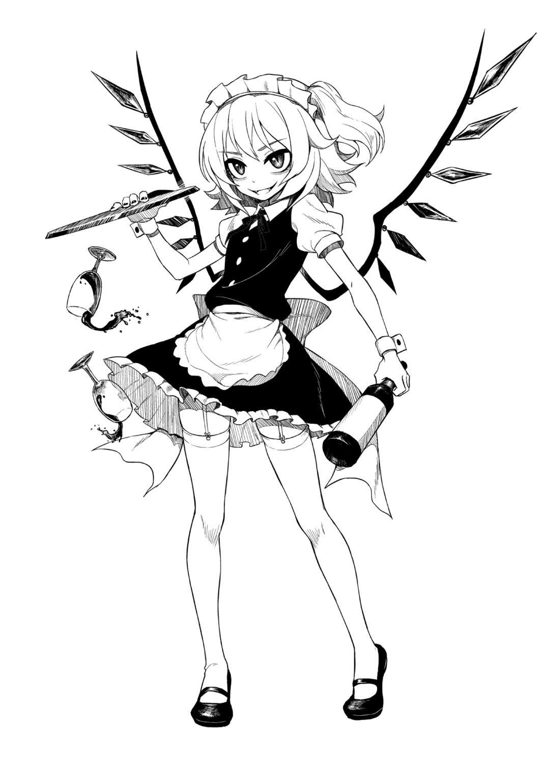flandre_scarlet maid monochrome stockings thighhighs touhou wings zengxianxin