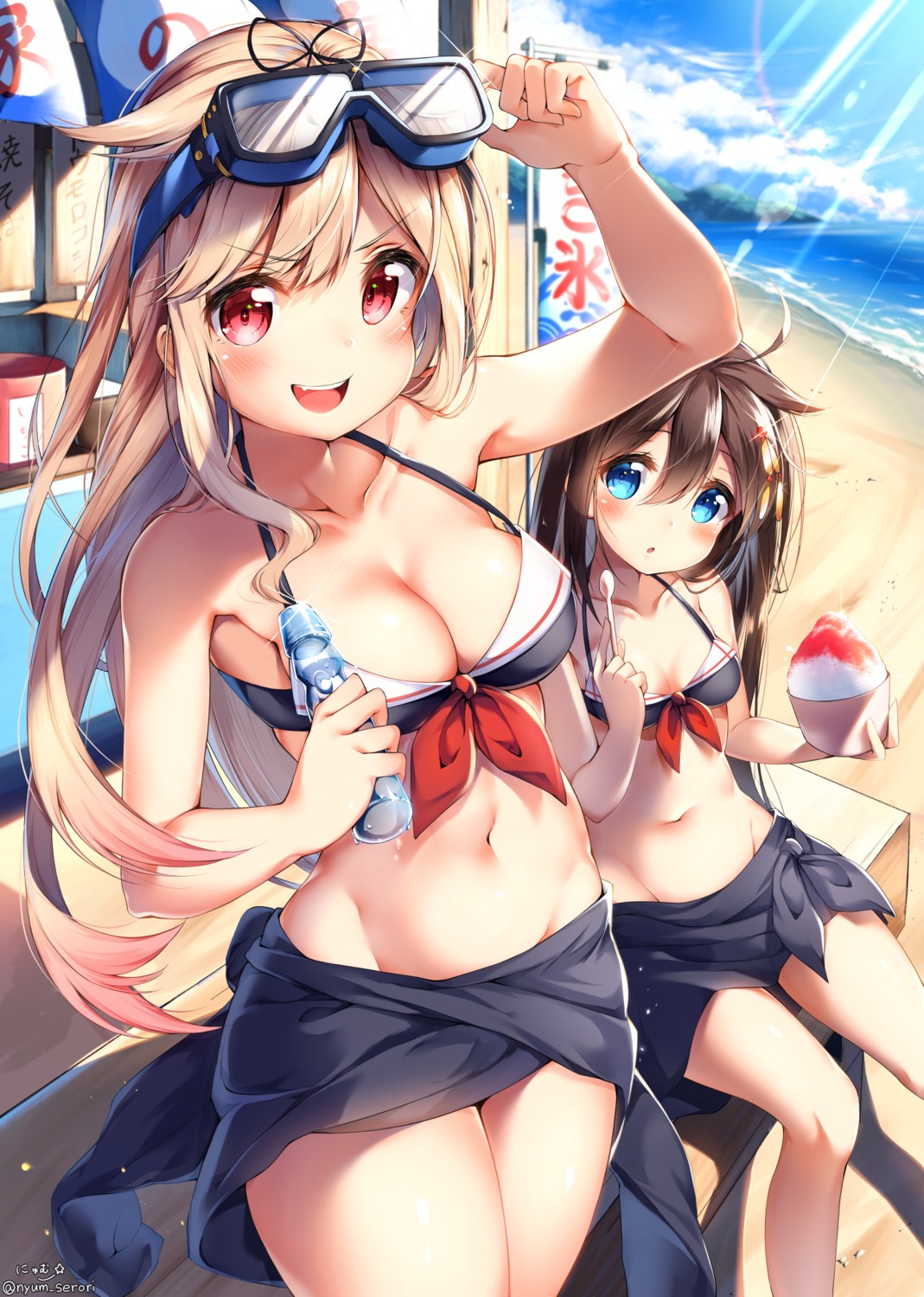 bikini_top cleavage kantai_collection nyum shigure_(kancolle) swimsuits yuudachi_(kancolle)