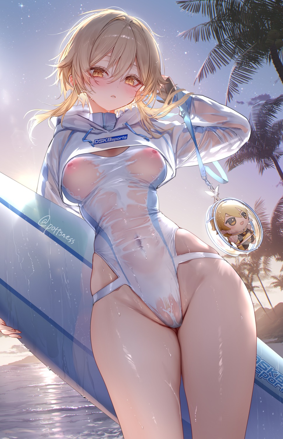 aether cameltoe chibi genshin_impact lumine nipples pottsness see_through swimsuits wet wet_clothes