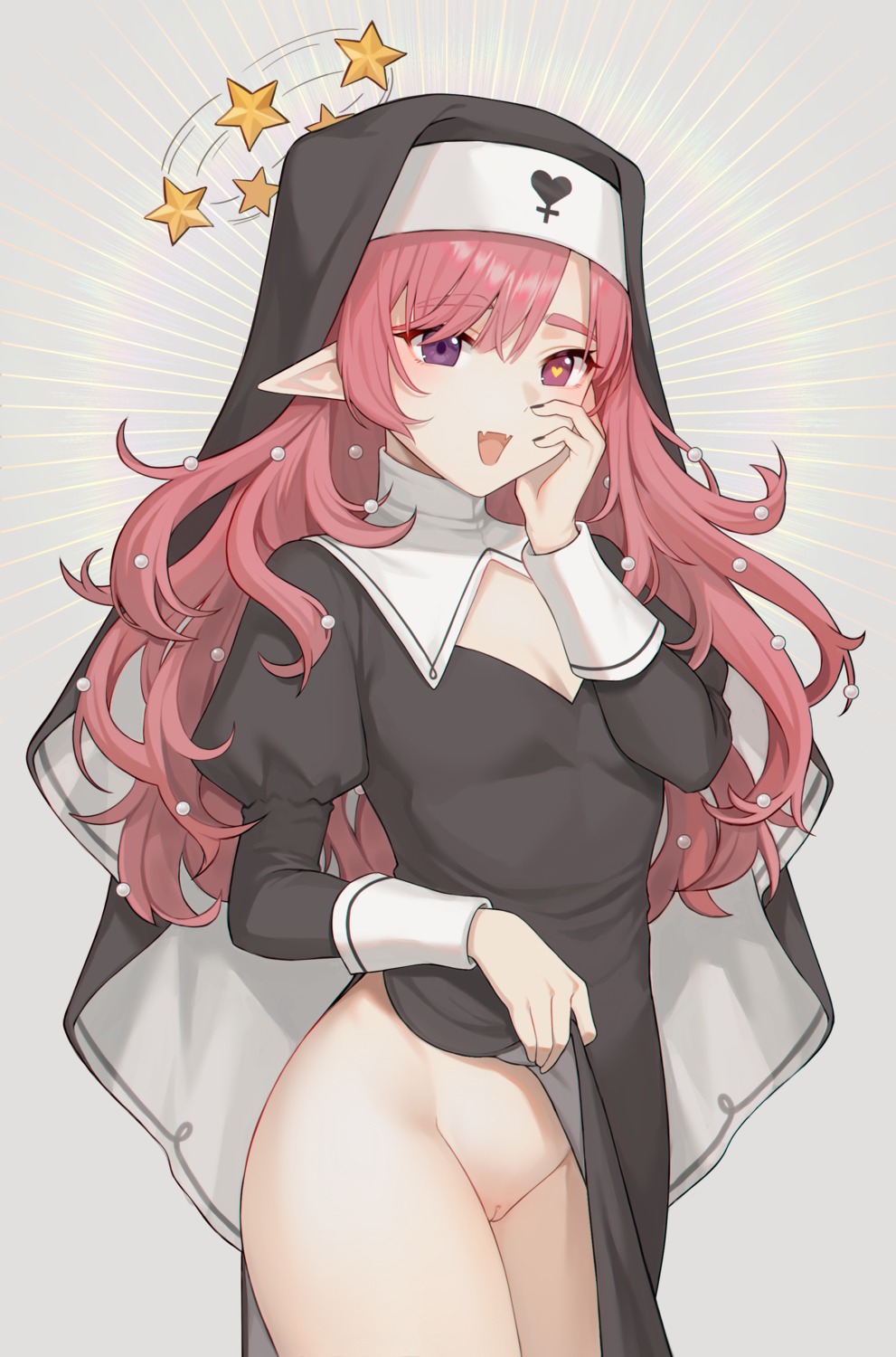 cleavage heterochromia nopan nun pointy_ears pussy reiji-rj skirt_lift uncensored