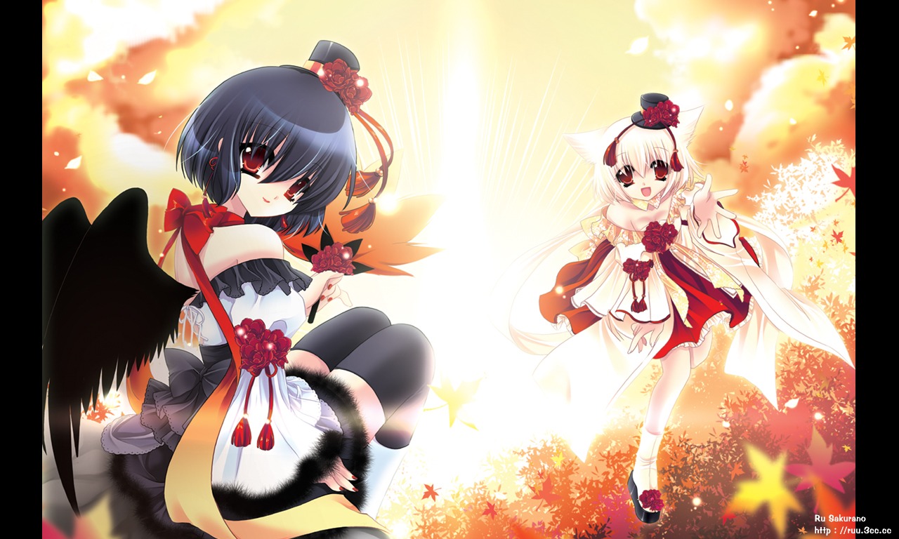 inubashiri_momiji sakurano_ruu shameimaru_aya thighhighs touhou wallpaper wings