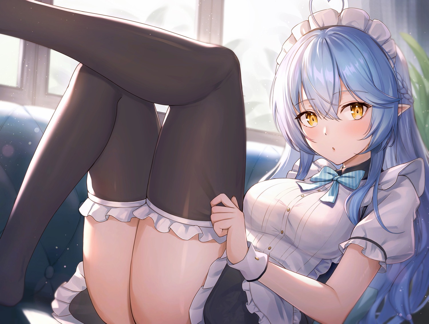 elf hololive maid pointy_ears skirt_lift thighhighs tokisaka_makoto undressing yukihana_lamy