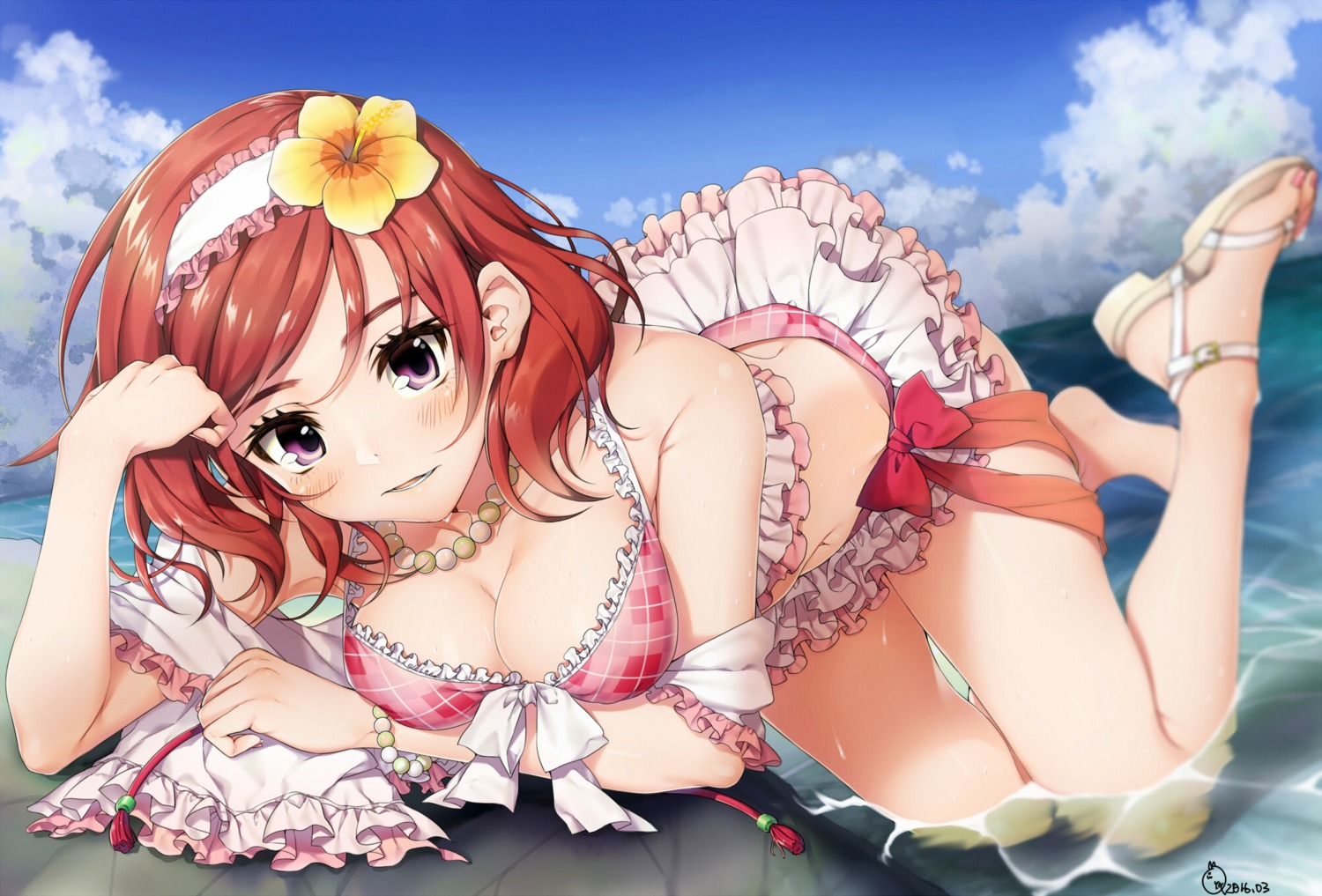 bikini breast_hold cleavage love_live! nishikino_maki swimsuits wet yana_mori