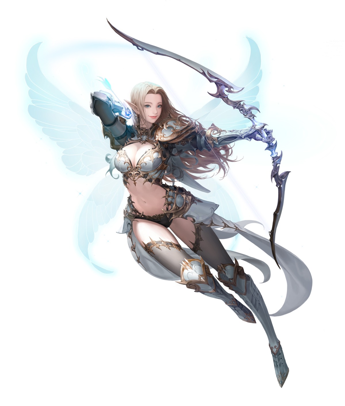 bikini_armor cleavage daeho_cha elf pointy_ears thighhighs weapon wings