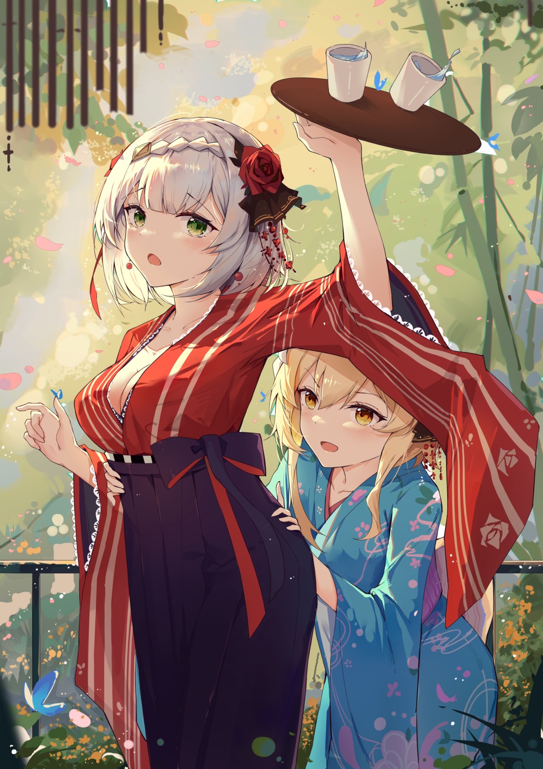 cleavage genshin_impact japanese_clothes lumine no_bra noelle_(genshin_impact) open_shirt yajuu yukata